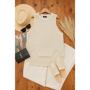 VICI Women's Sleeveless Knit Tank Top Textured High Low Hem‎ Beige Medium